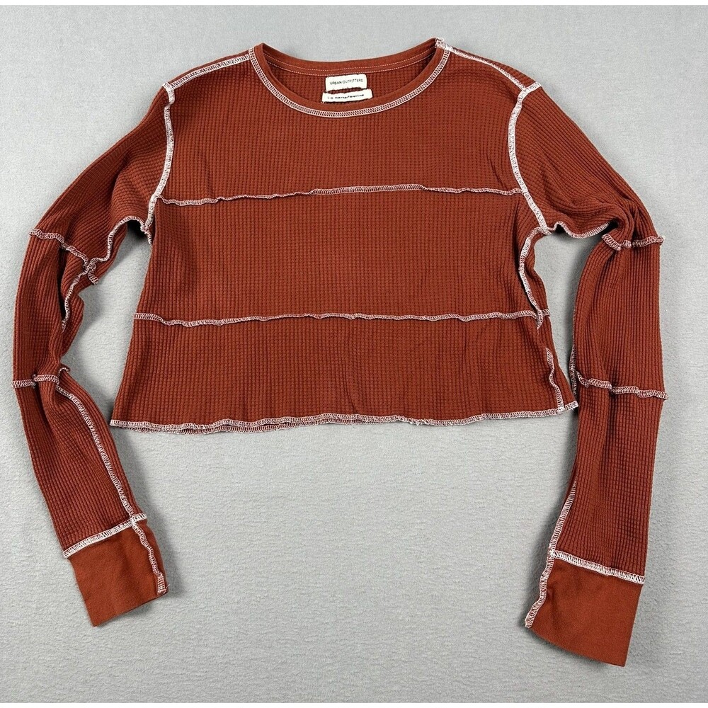 Urban Outfitters Women's Cropped Rust Waffle Top L Thermal Cozy Layering Casual